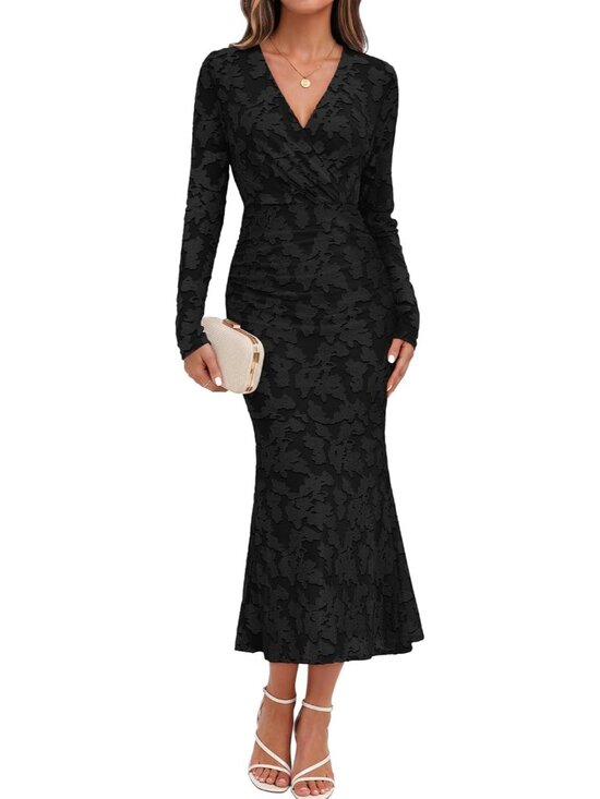 Dresses & Skirts - 〽️Women’s Black Floral Maxi Dress Wrap V Neck Ruched Waist Long Sleeve Party